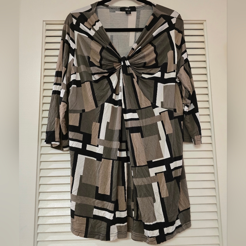Ellos - (Plus-Size) Geometric Pattern Twisted Front Knot Tunic Top